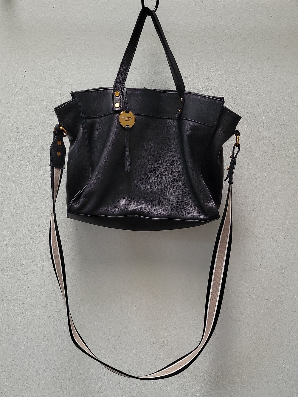 margot Black Leather Tote with Striped Convertible Strap